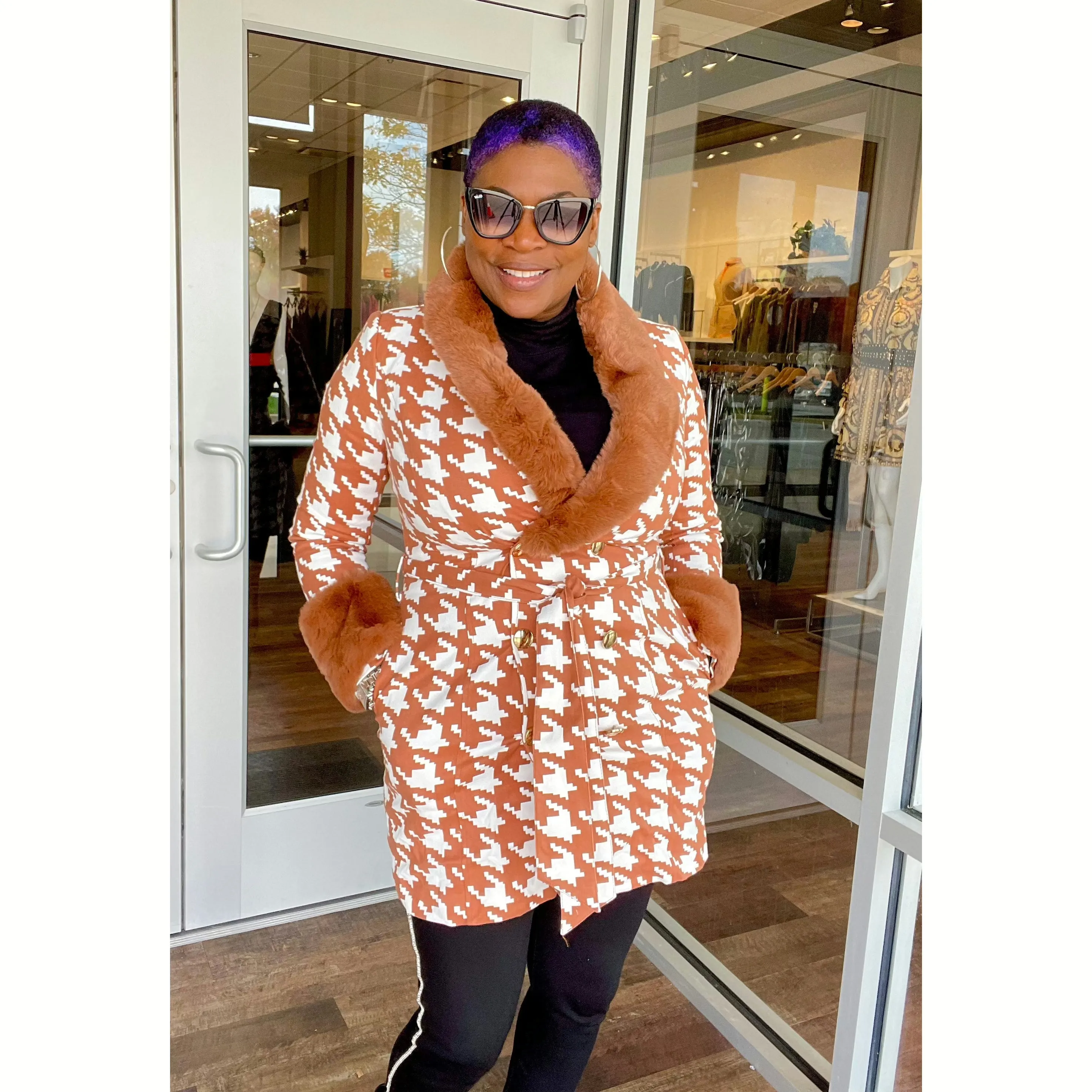 Houndstooth Fur Collar Jacket - Brown