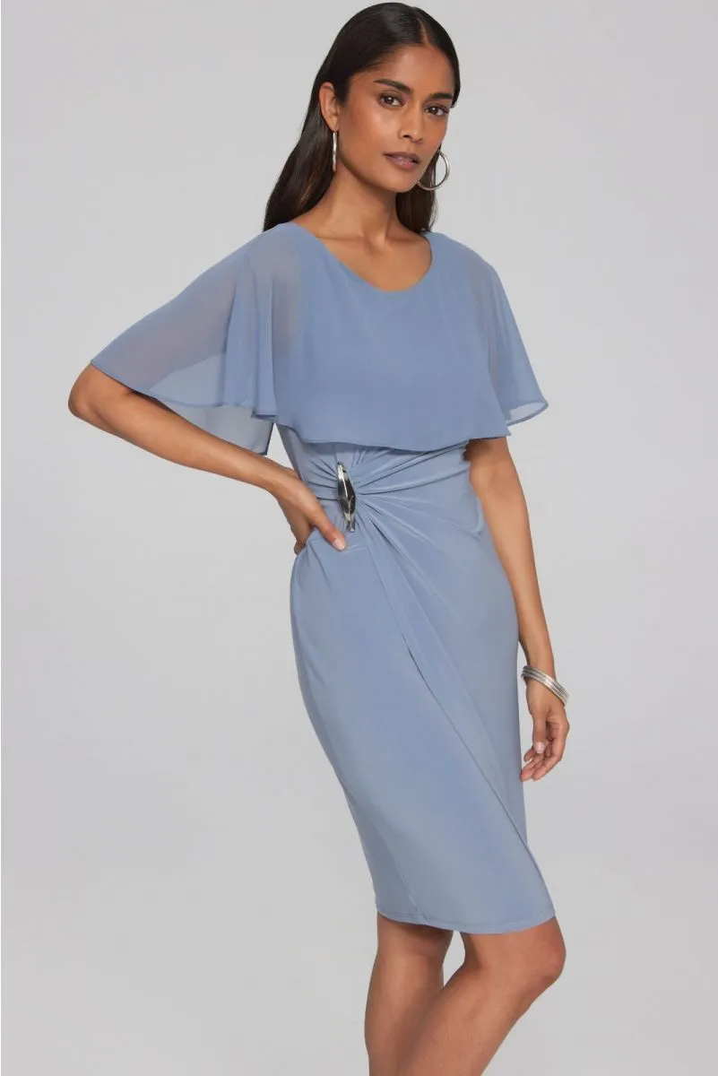 Joseph Ribkoff Serenity Blue Chiffon Cape Overlay Faux Wrap Sheath Dress 241708