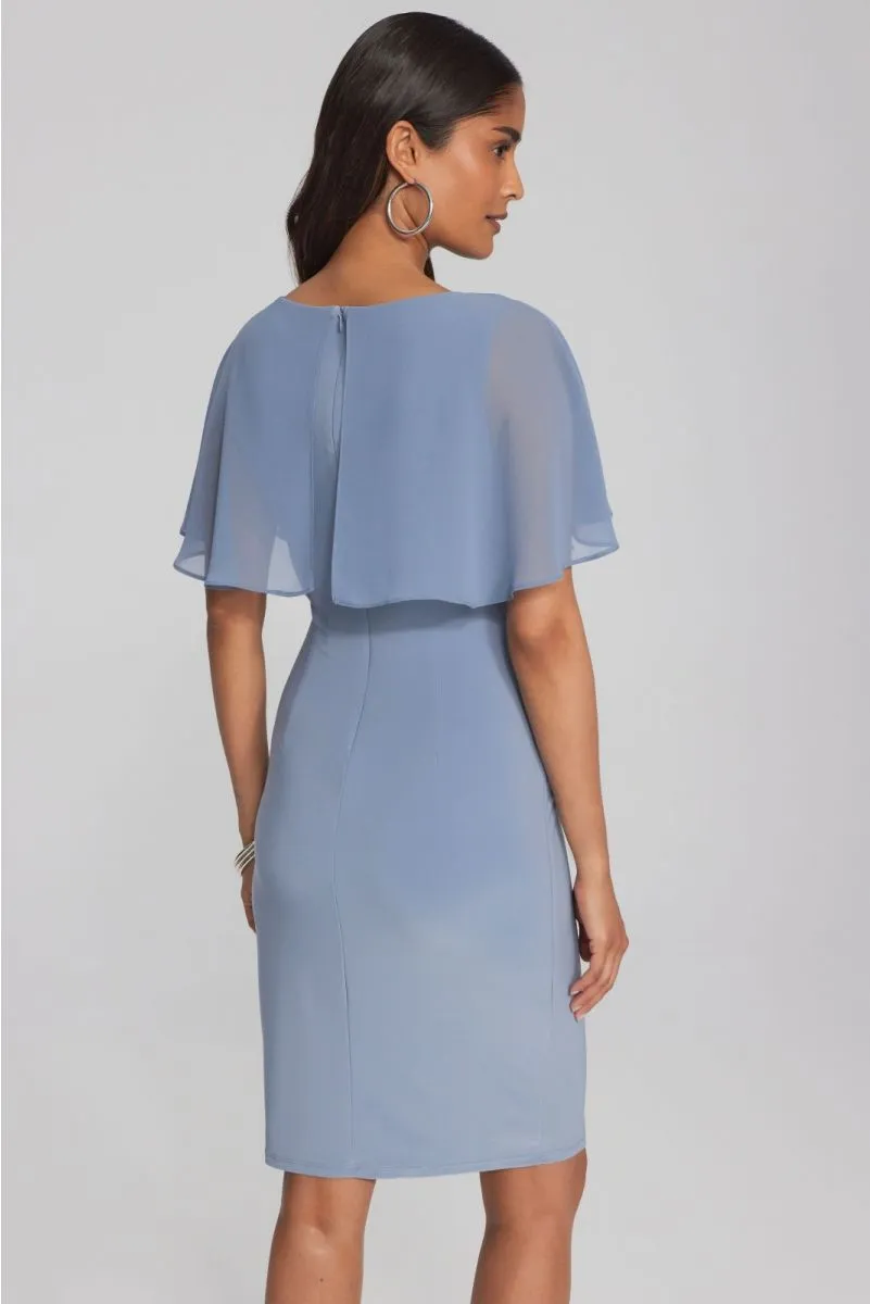 Joseph Ribkoff Serenity Blue Chiffon Cape Overlay Faux Wrap Sheath Dress 241708