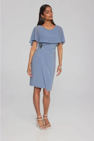 Joseph Ribkoff Serenity Blue Chiffon Cape Overlay Faux Wrap Sheath Dress 241708