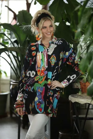 KikiSol Black Love Boxy Button Down with Pockets