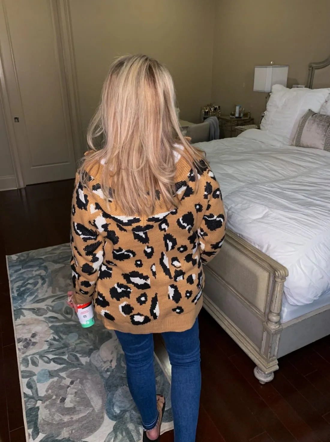 Leopard Sweater Coat with Faux Fur Lining - Brown