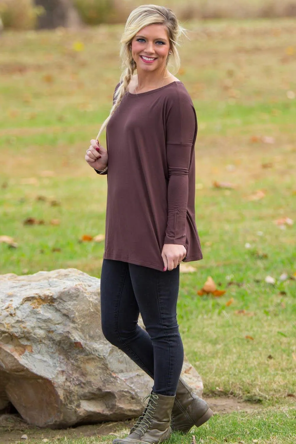 Long Sleeve Piko Top - Dark Brown