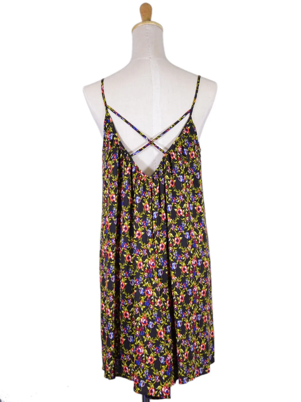 Lush Enchanted Floral Print Garden Babydoll Criss Cross Back V-Neck Cami Dress