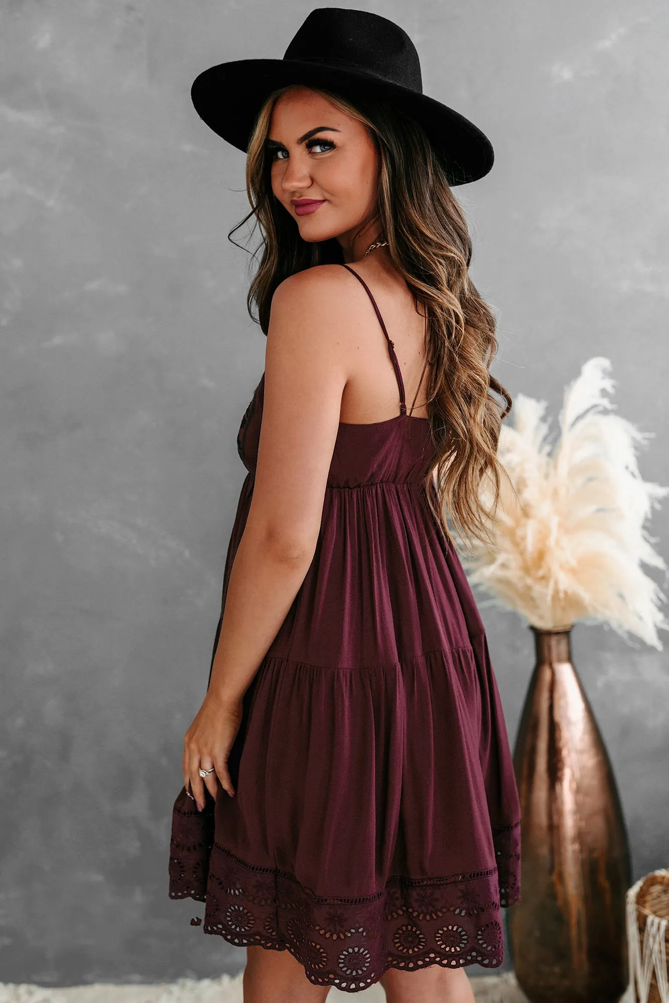 Maia Embroidered Babydoll Dress (Plum)