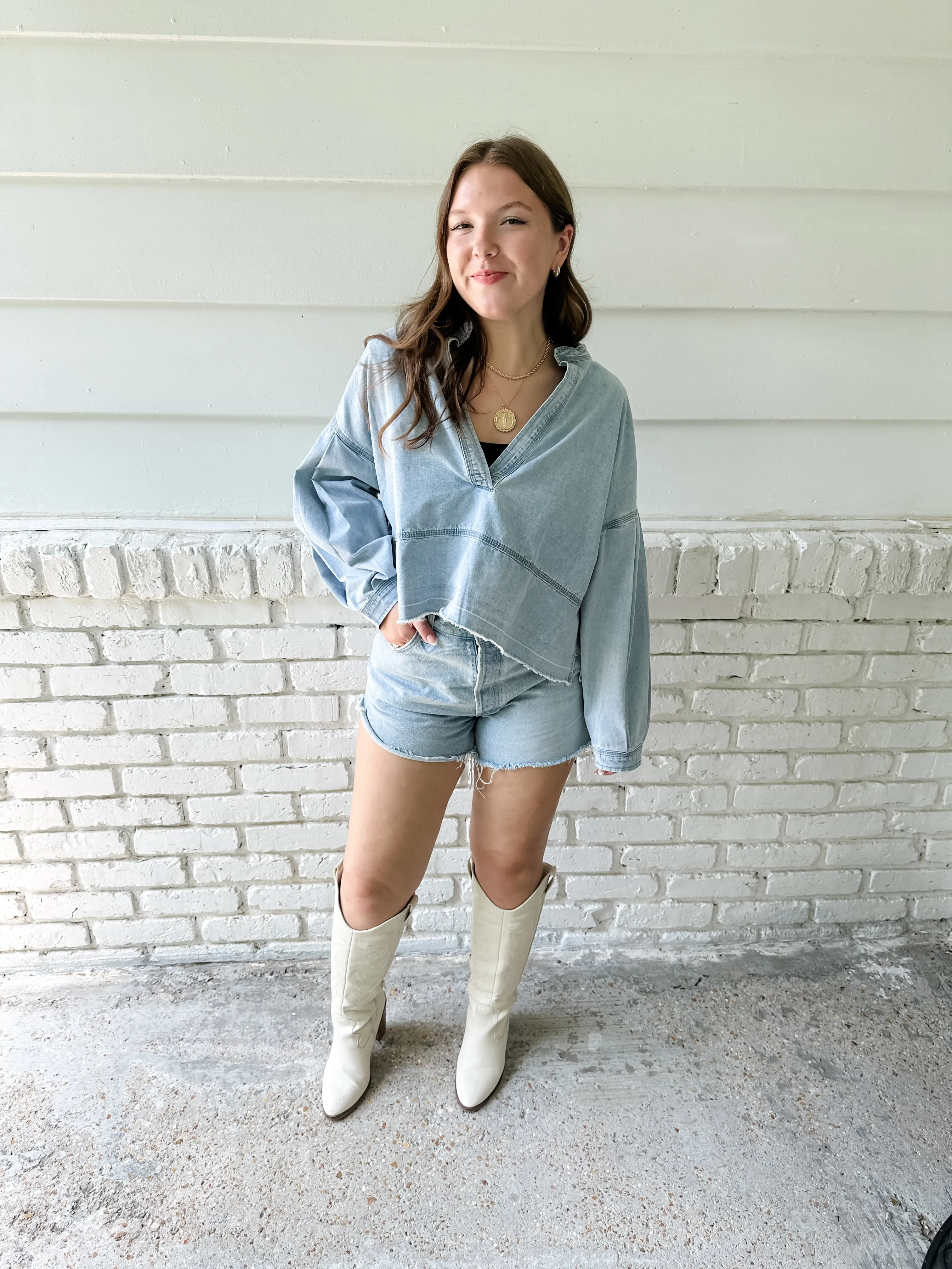 Mandarin Collar Denim Top