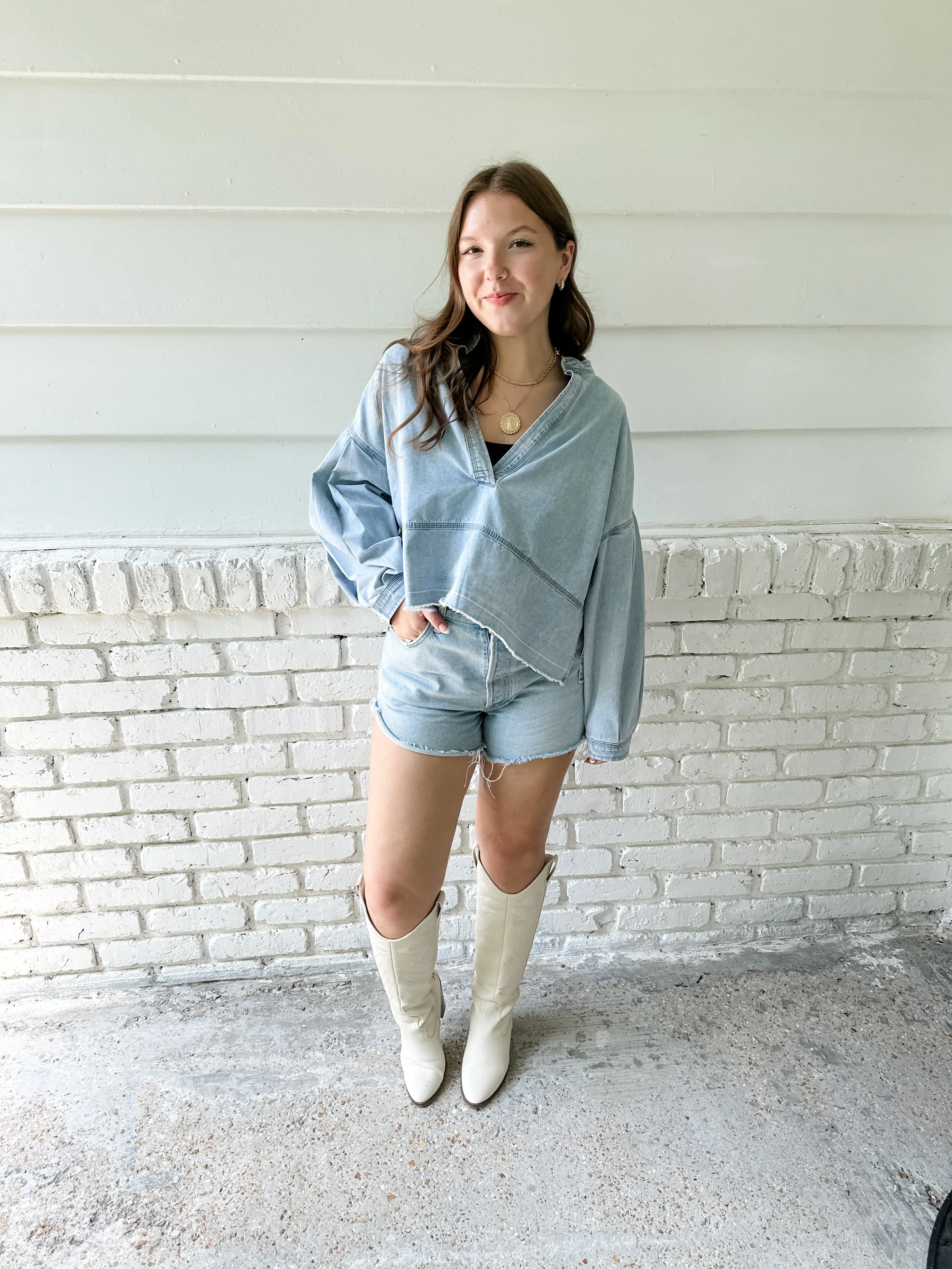 Mandarin Collar Denim Top