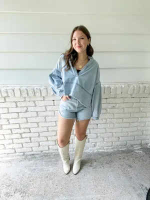 Mandarin Collar Denim Top