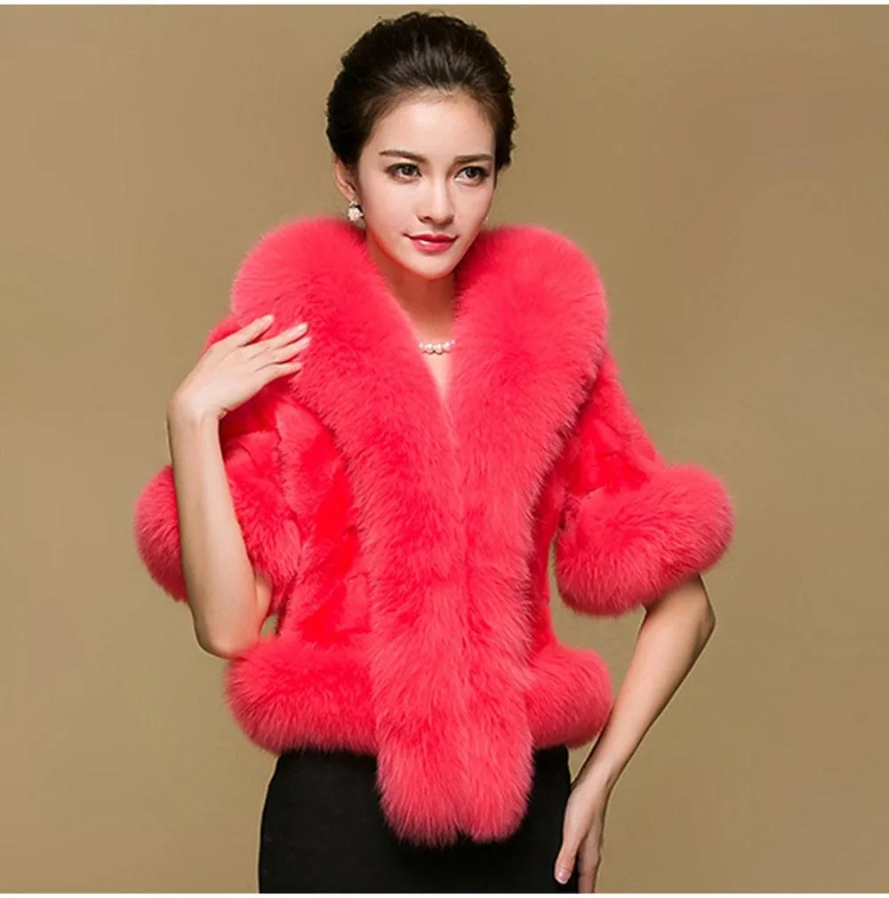 New Women Fashion Real Mink Fur Short Poncho Coat With Real Fox Collar 100% Real Natural Mink Fur And Fox Fur Shawl Overcoat
