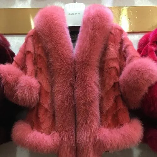 New Women Fashion Real Mink Fur Short Poncho Coat With Real Fox Collar 100% Real Natural Mink Fur And Fox Fur Shawl Overcoat