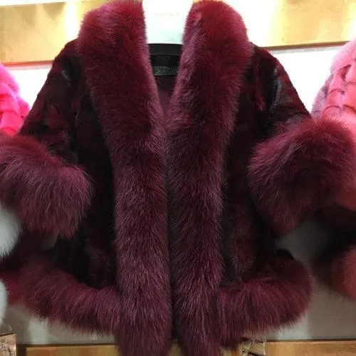 New Women Fashion Real Mink Fur Short Poncho Coat With Real Fox Collar 100% Real Natural Mink Fur And Fox Fur Shawl Overcoat