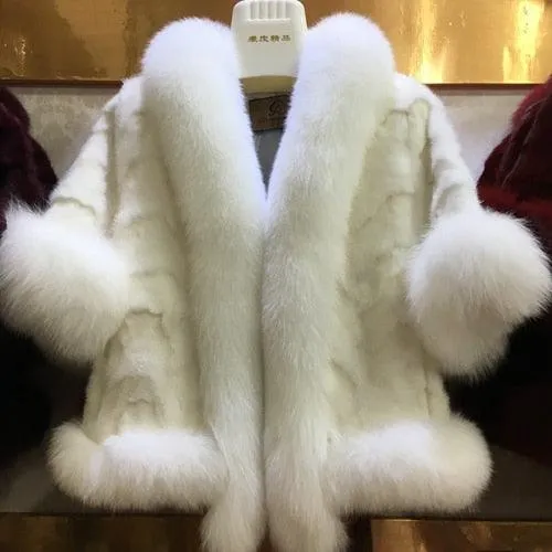 New Women Fashion Real Mink Fur Short Poncho Coat With Real Fox Collar 100% Real Natural Mink Fur And Fox Fur Shawl Overcoat