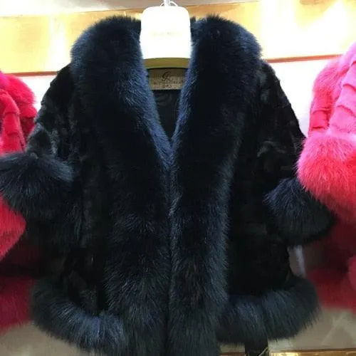 New Women Fashion Real Mink Fur Short Poncho Coat With Real Fox Collar 100% Real Natural Mink Fur And Fox Fur Shawl Overcoat