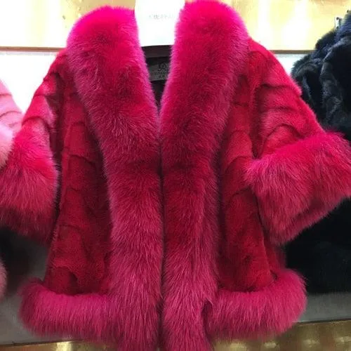 New Women Fashion Real Mink Fur Short Poncho Coat With Real Fox Collar 100% Real Natural Mink Fur And Fox Fur Shawl Overcoat