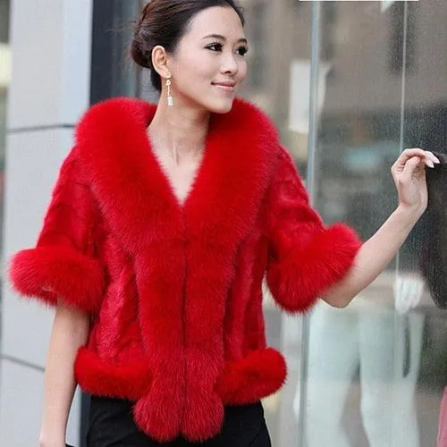 New Women Fashion Real Mink Fur Short Poncho Coat With Real Fox Collar 100% Real Natural Mink Fur And Fox Fur Shawl Overcoat