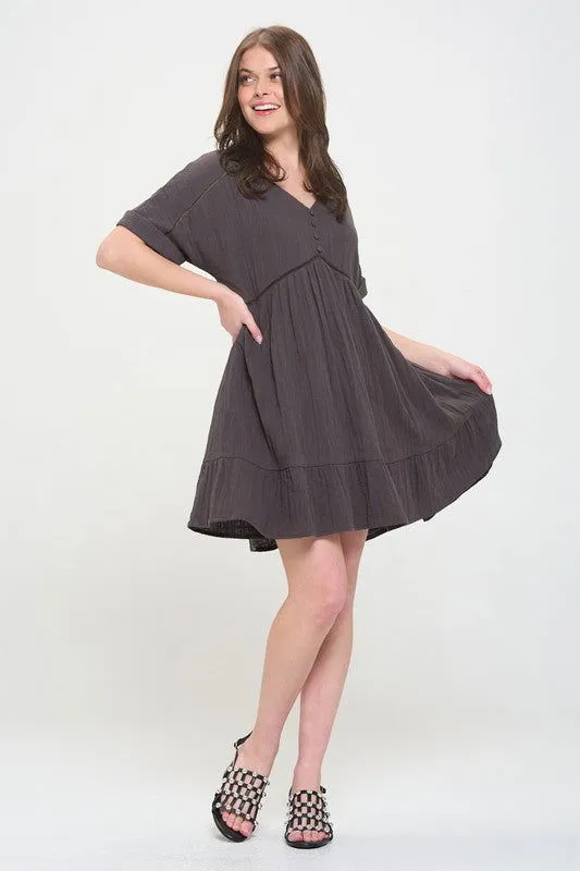 Plus Size Short Sleeve Button Down Boho V-Neck Short Dress