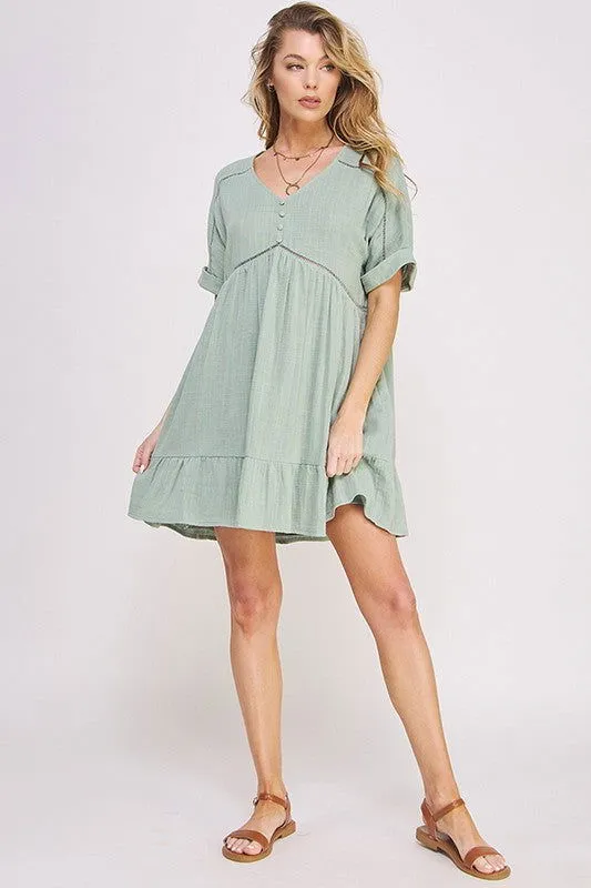 Plus Size Short Sleeve Button Down Boho V-Neck Short Dress