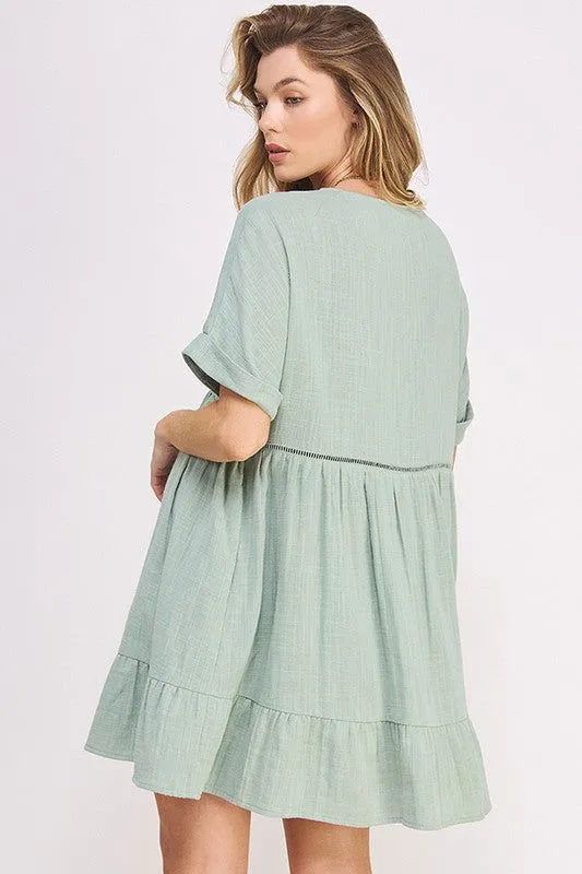 Plus Size Short Sleeve Button Down Boho V-Neck Short Dress