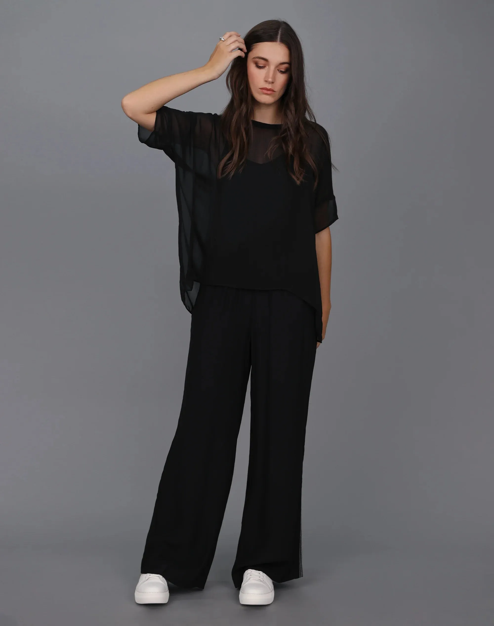Relaxed Sheer Short Sleeve Top -BLACK