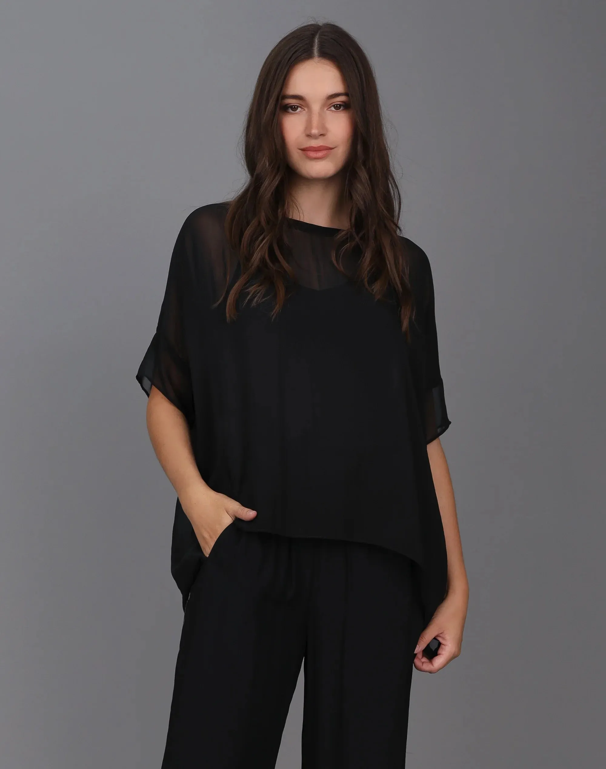 Relaxed Sheer Short Sleeve Top -BLACK