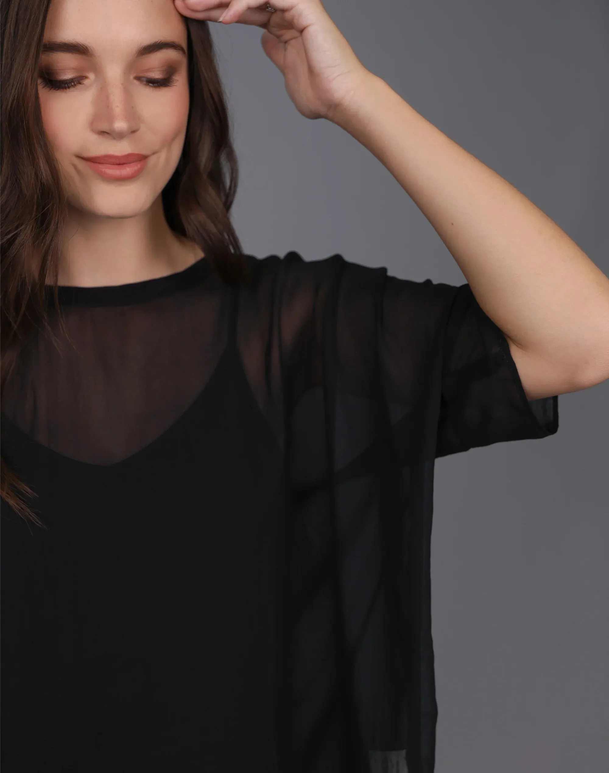 Relaxed Sheer Short Sleeve Top -BLACK