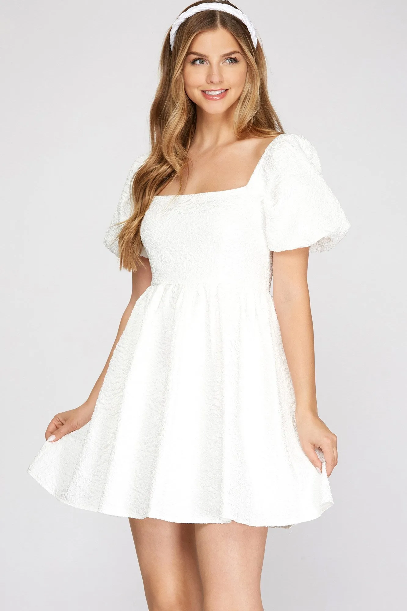 Short Puff Sleeve Jacquard Bridal Babydoll Dress by She   Sky