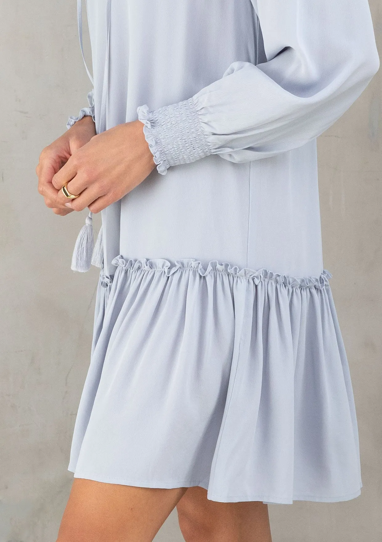 Silky Crepe Babydoll Tassel Tie Mini Dress