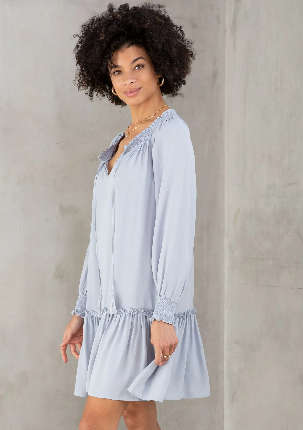 Silky Crepe Babydoll Tassel Tie Mini Dress