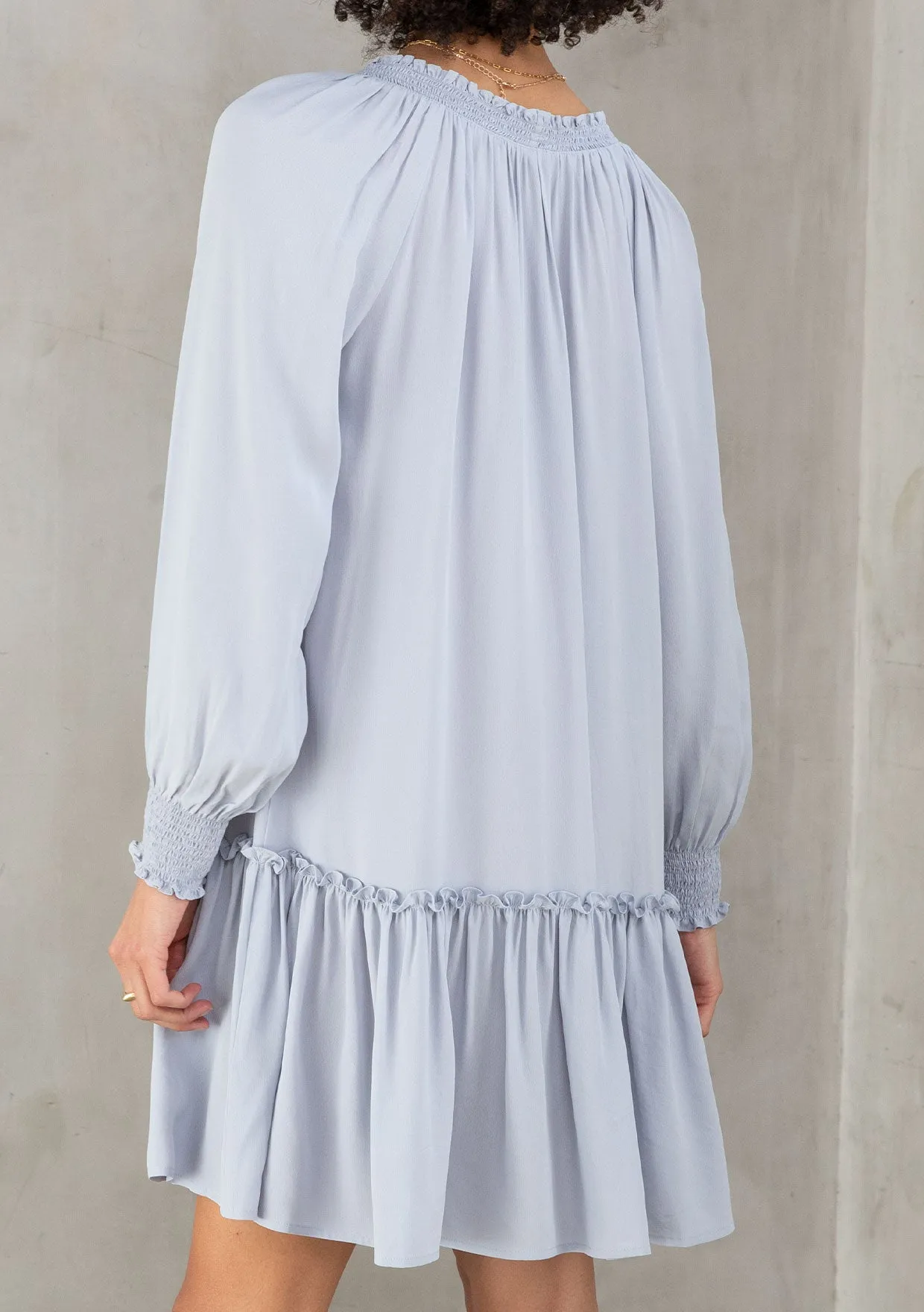 Silky Crepe Babydoll Tassel Tie Mini Dress