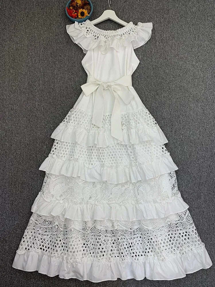 Slash Neck With Belt Cascading Ruffles Party Dress