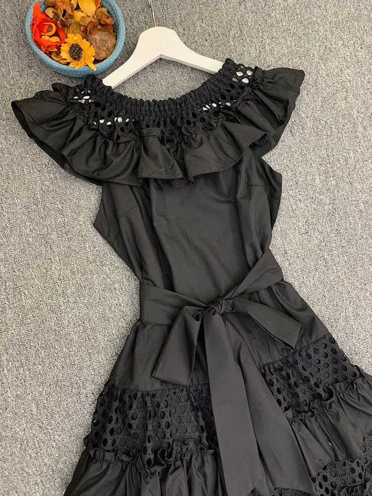 Slash Neck With Belt Cascading Ruffles Party Dress
