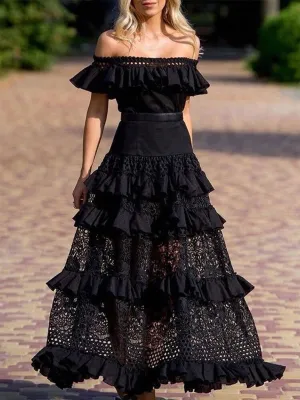 Slash Neck With Belt Cascading Ruffles Party Dress