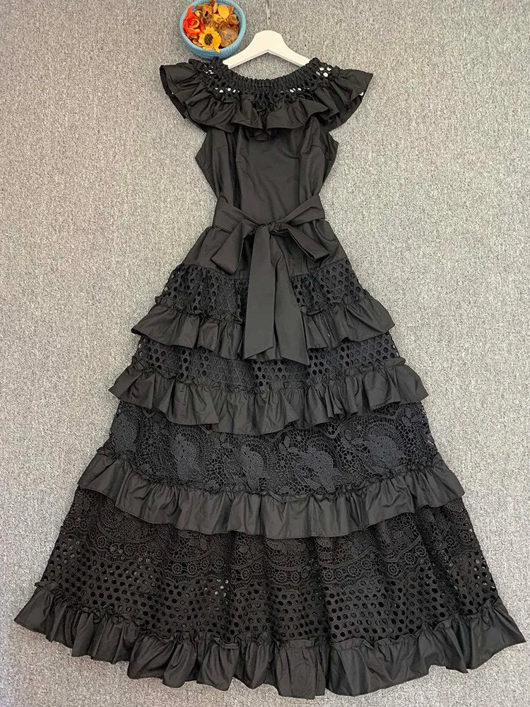Slash Neck With Belt Cascading Ruffles Party Dress