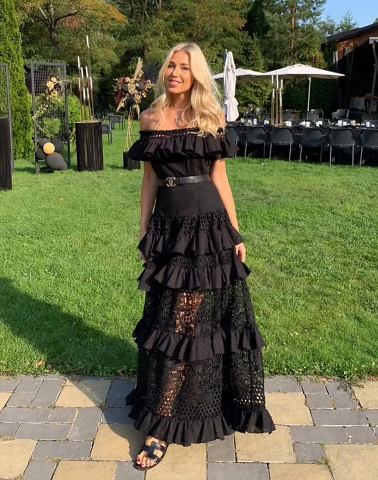 Slash Neck With Belt Cascading Ruffles Party Dress