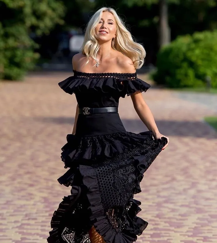 Slash Neck With Belt Cascading Ruffles Party Dress