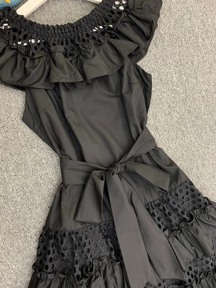 Slash Neck With Belt Cascading Ruffles Party Dress