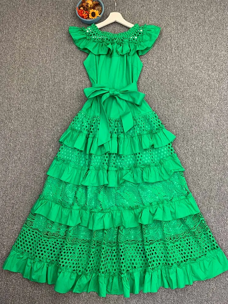 Slash Neck With Belt Cascading Ruffles Party Dress