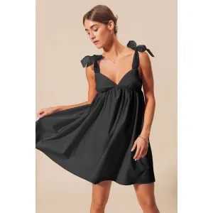 TULLE BOW TIE STRAP SWEATHEART BABYDOLL DRESS: BLACK / L