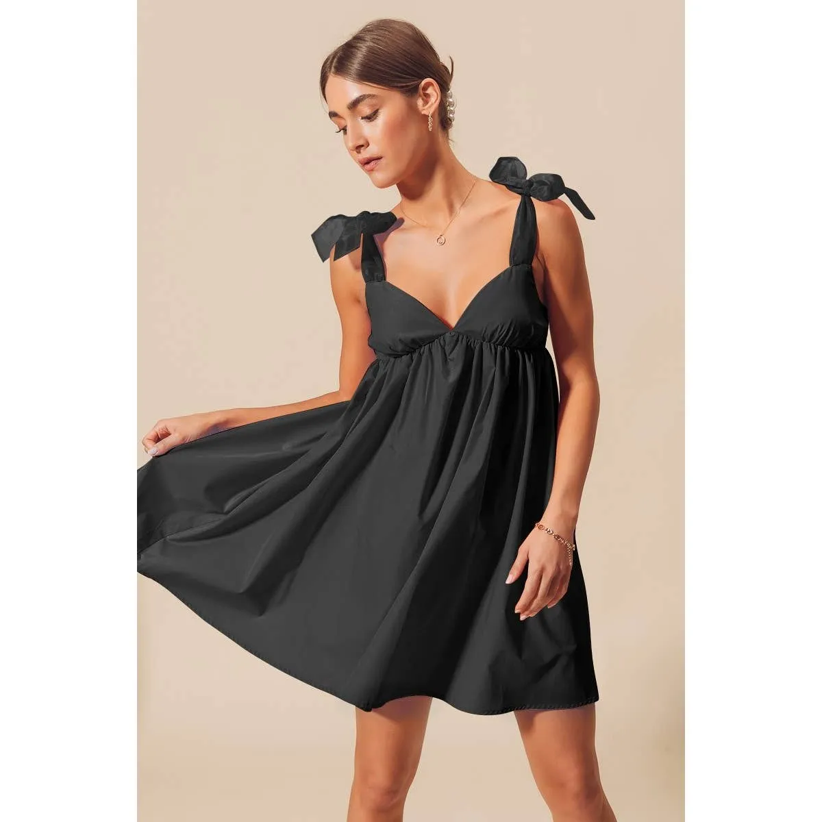 TULLE BOW TIE STRAP SWEATHEART BABYDOLL DRESS: BLACK / L