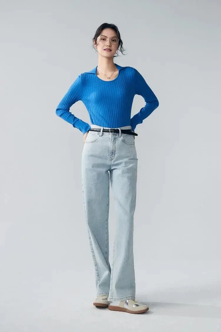 U Neck Ribbed Wool Collared Sweater