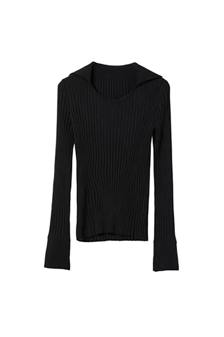 U Neck Ribbed Wool Collared Sweater