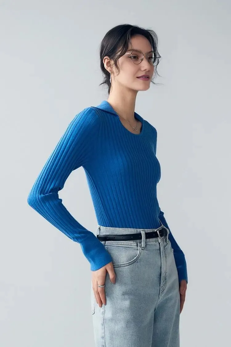 U Neck Ribbed Wool Collared Sweater