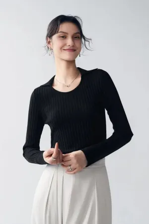U Neck Ribbed Wool Collared Sweater
