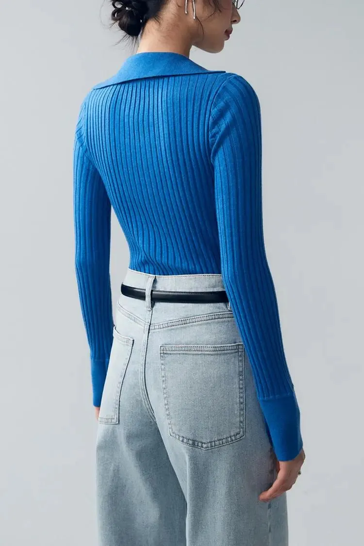 U Neck Ribbed Wool Collared Sweater