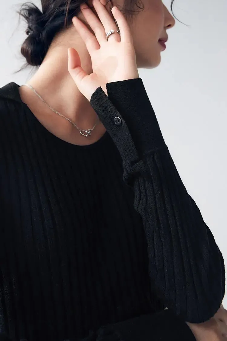 U Neck Ribbed Wool Collared Sweater