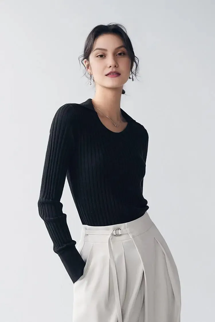 U Neck Ribbed Wool Collared Sweater