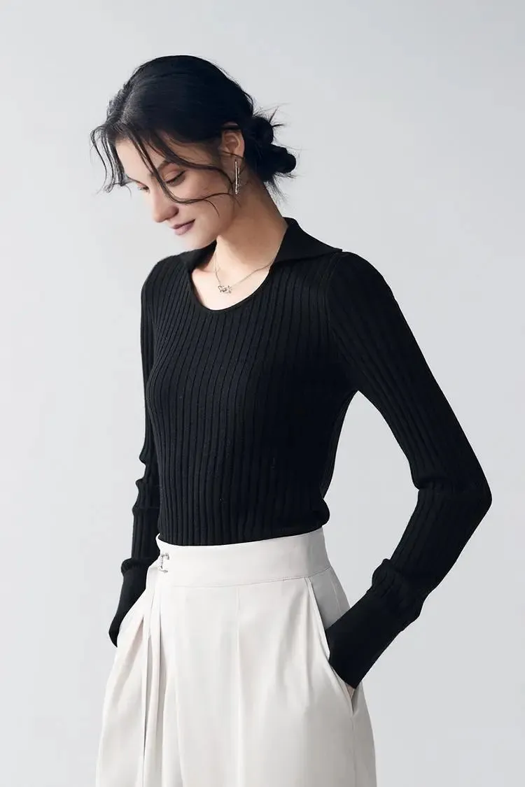 U Neck Ribbed Wool Collared Sweater