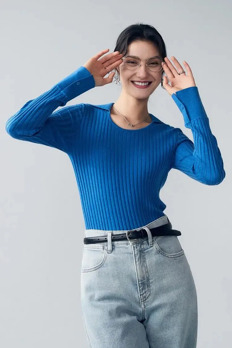 U Neck Ribbed Wool Collared Sweater