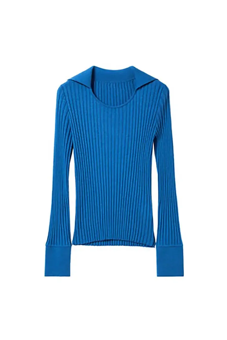 U Neck Ribbed Wool Collared Sweater