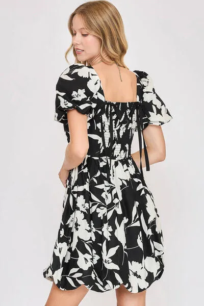 Umgee Full Size Two Tone Floral Print Babydoll Dress Plus Size